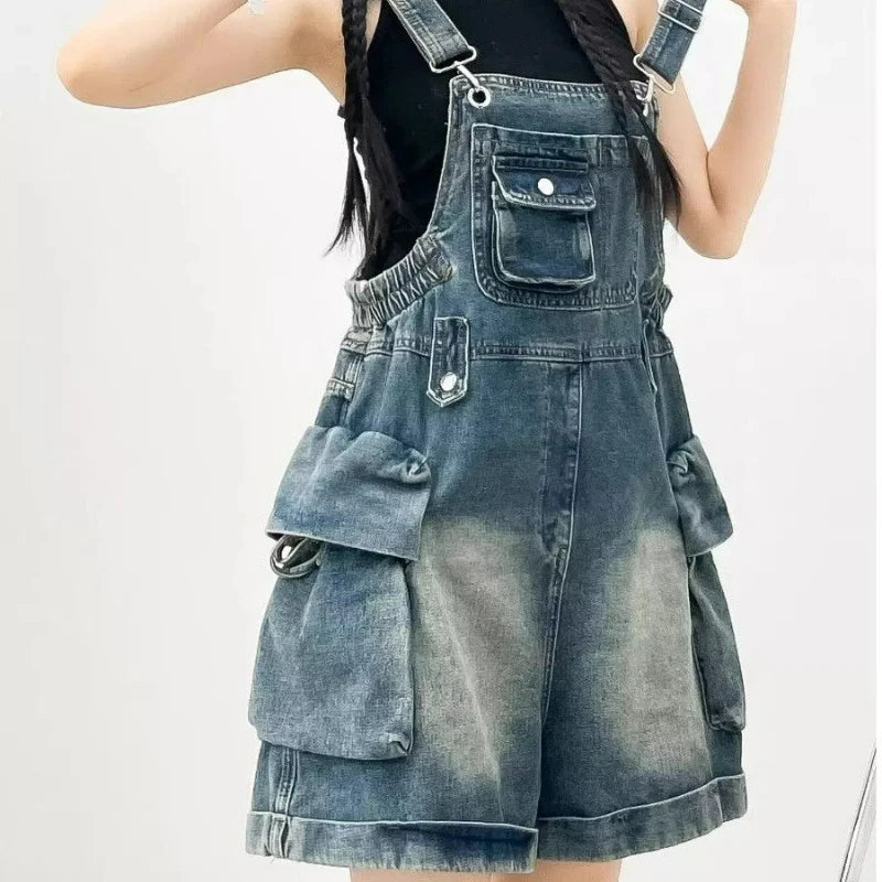 Salopette en Jean Américaine Femme Mode Jambes Larges Combinaison Slim Loose Design Style Jeune Barboteuse Courte