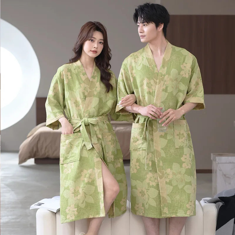 Spring and Summer Thin Cotton Double-layer Bathrobe Pajamas Home Wear Ladies's Absorbent Quick Drying Yukata Robes