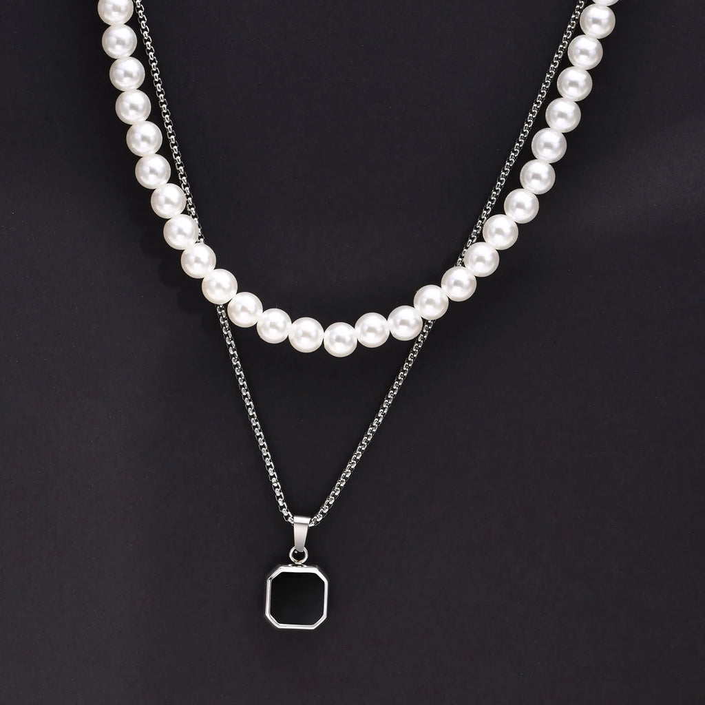 Vnox 2pcs Necklaces Set for Men, Geometric Square Pendant with 55cm Rope Box Cuban Chain, Simulated Pearl Chain Steel Collar