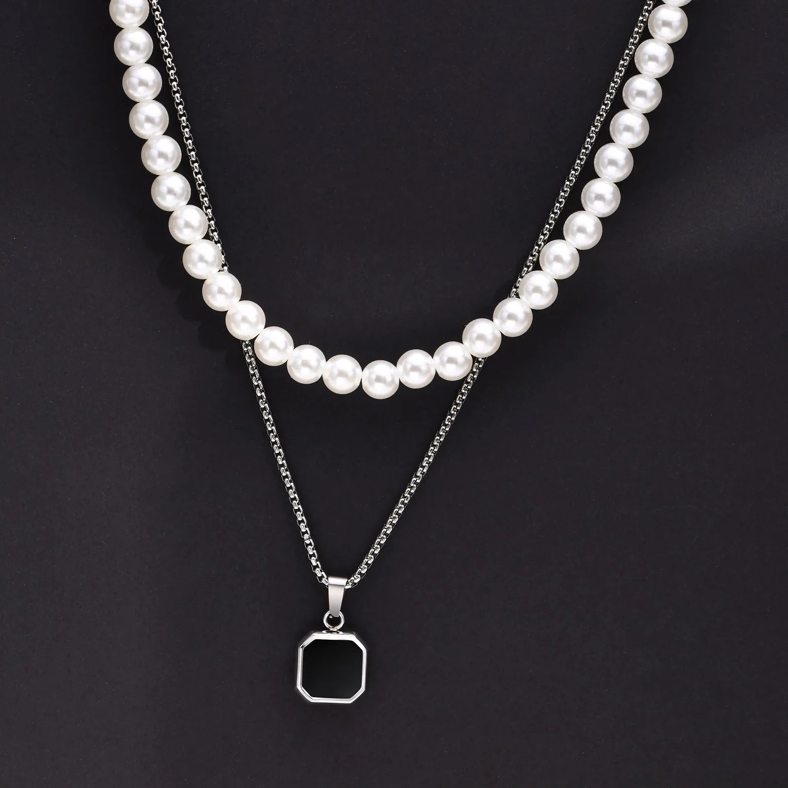 Vnox 2pcs Necklaces Set for Men, Geometric Square Pendant with 55cm Rope Box Cuban Chain, Simulated Pearl Chain Steel Collar