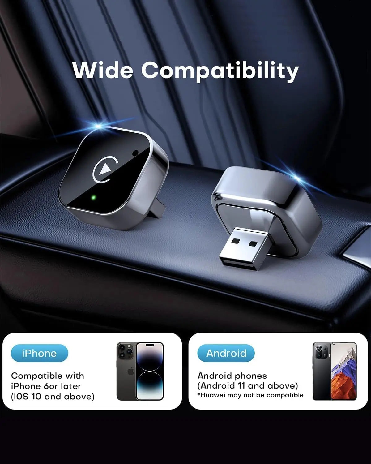 Dongle CarPlay et Android Auto sans fil, connexion automatique rapide, Plug & Play compact pour iPhone/Android, USB/USB-C, sans latence