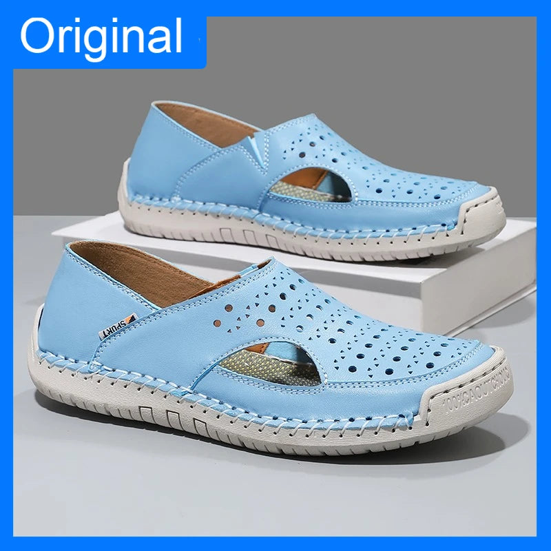 Unisex Sandals Hand Sewn Leather Hollow Out Outdoor Casual Shoes Comfortable Soft Summer Fashion Street Walking Shoes Women