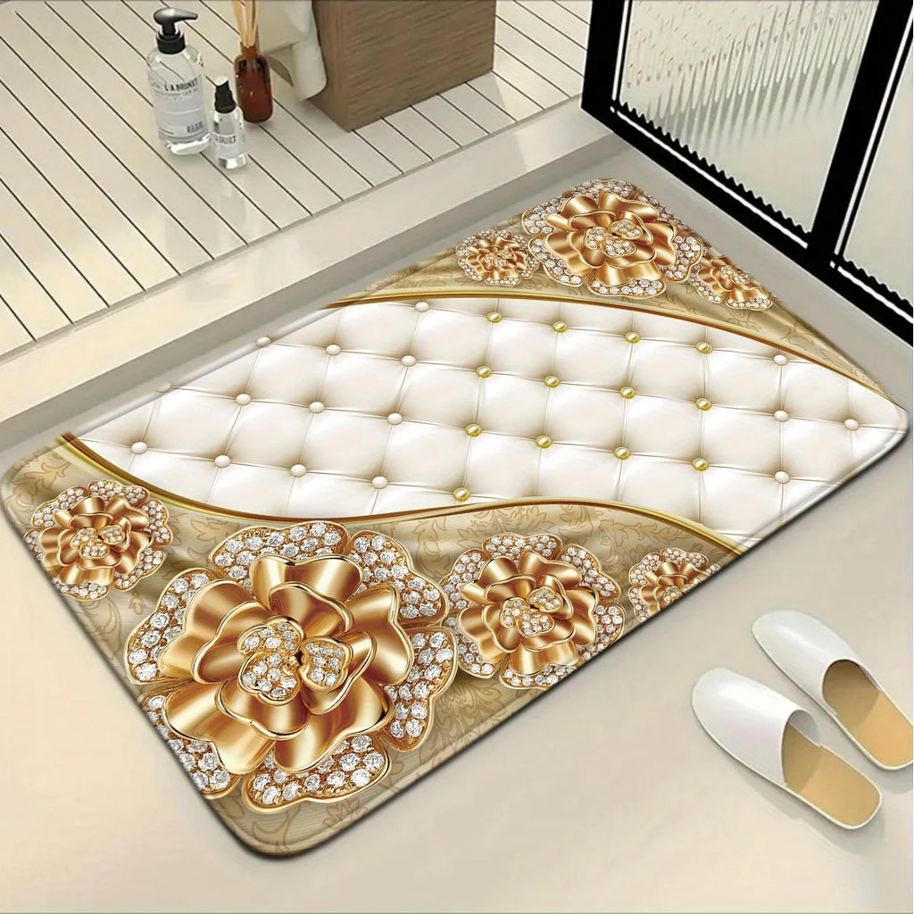 3pcs Nordic Style Gorgeous Series Gold Diamond Flower Pattern Bathroom Mat Set Toilet Seat Ring U-shaped Foot Mat