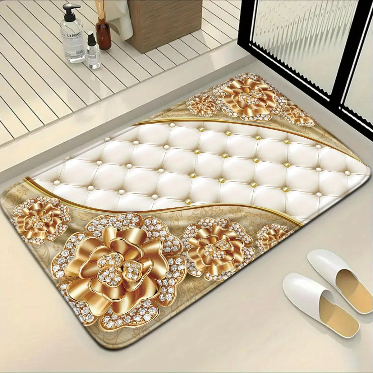 3pcs Nordic Style Gorgeous Series Gold Diamond Flower Pattern Bathroom Mat Set Toilet Seat Ring U-shaped Foot Mat