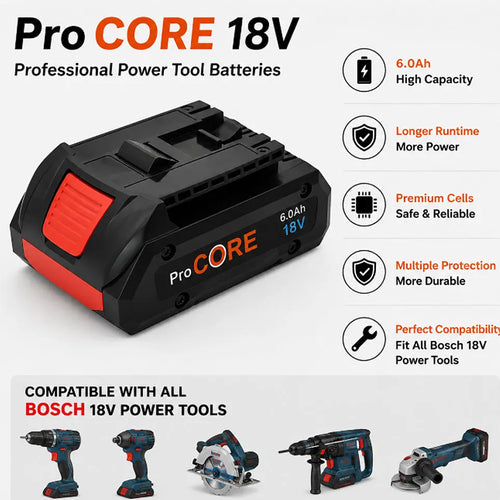 Batterie Li-ion ProCORE 18V 6.0Ah Cellules 21700 Batterie de remplacement compatible avec les batteries d'outils électriques professionnels BOSCH BAT609 BAT618, protection contre les surcharges BMS incluse