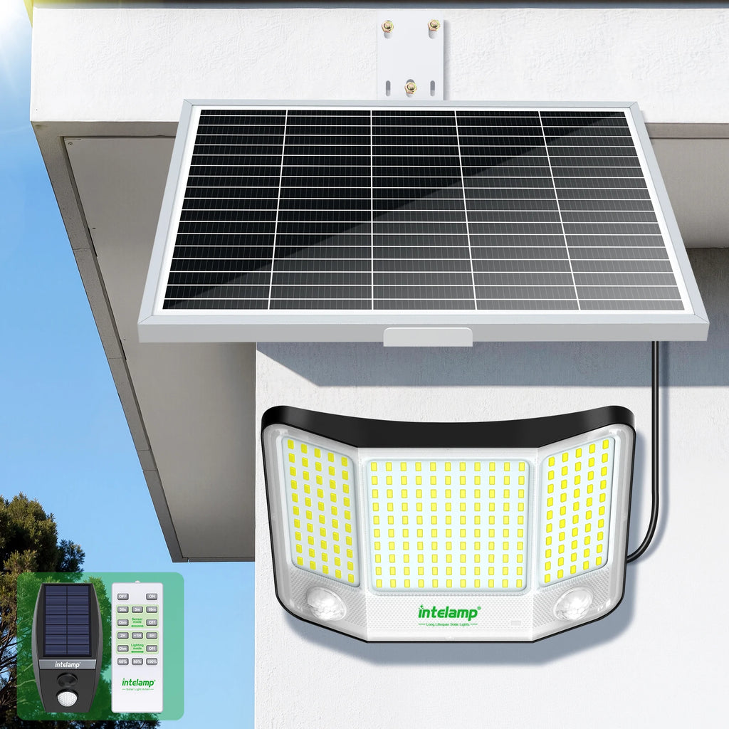 Intelamp 20000mAh Solar Flood Lights Outdoor Super Larger Solar Panel 4000LM Linkable Three Motion Sensor For Garden Yard Garage