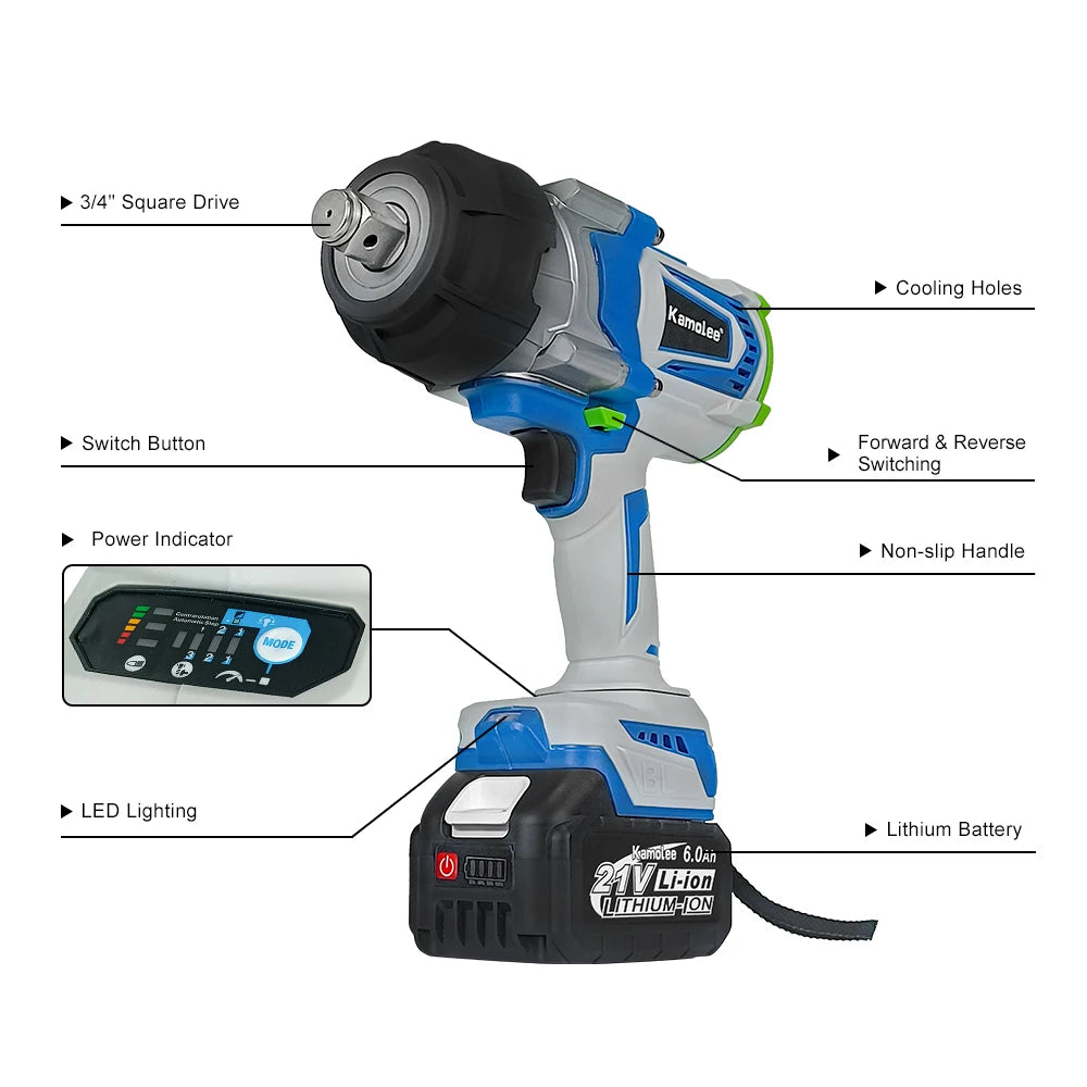 Clé électrique sans balais Kamolee 3/4 pouce 4100NM Clé à chocs Outil électrique pour batterie Makita 18v