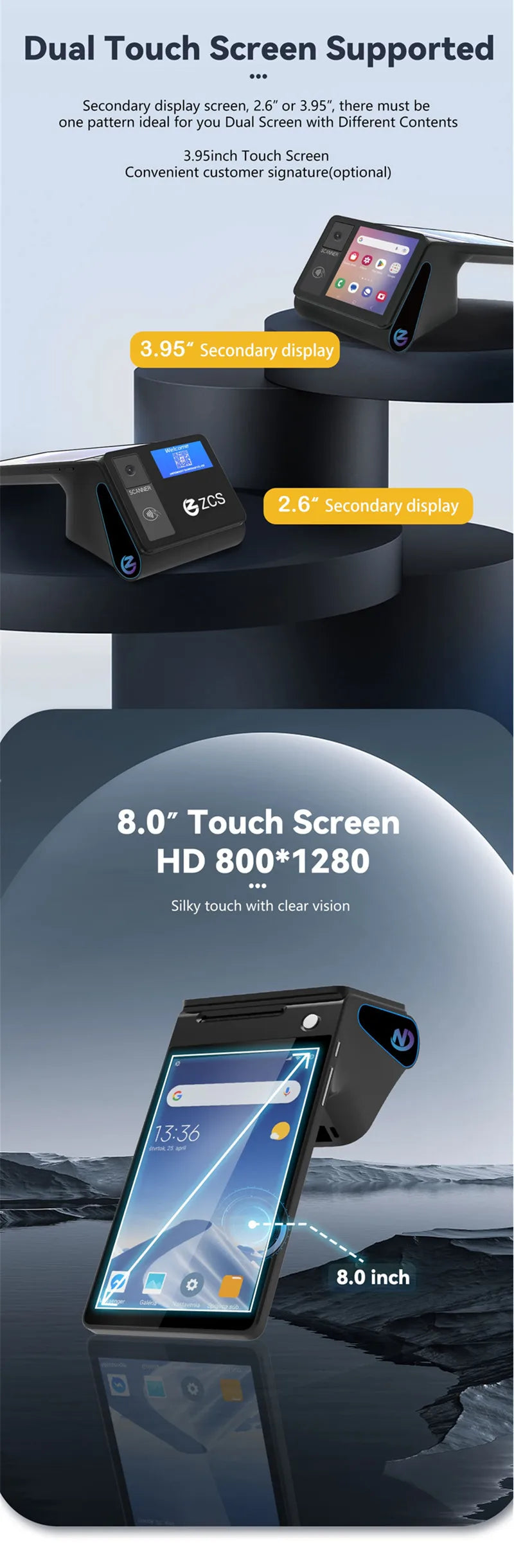 Z108 Android 14 Dual-Screen Desktop Tablet Cash Register with 8" Touch Display NFC Scanner 58/80mm Thermal Printer POS Terminal