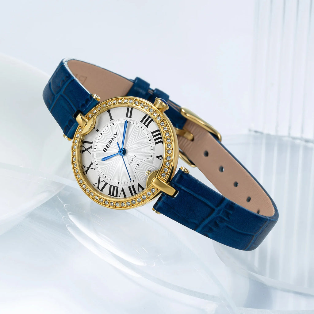 BERNY Women's Watches Luxury Slim Elegant Ladies Dress Quartz Watch Fashion Stones Domed Glass Girls Business Daily Wristwatch