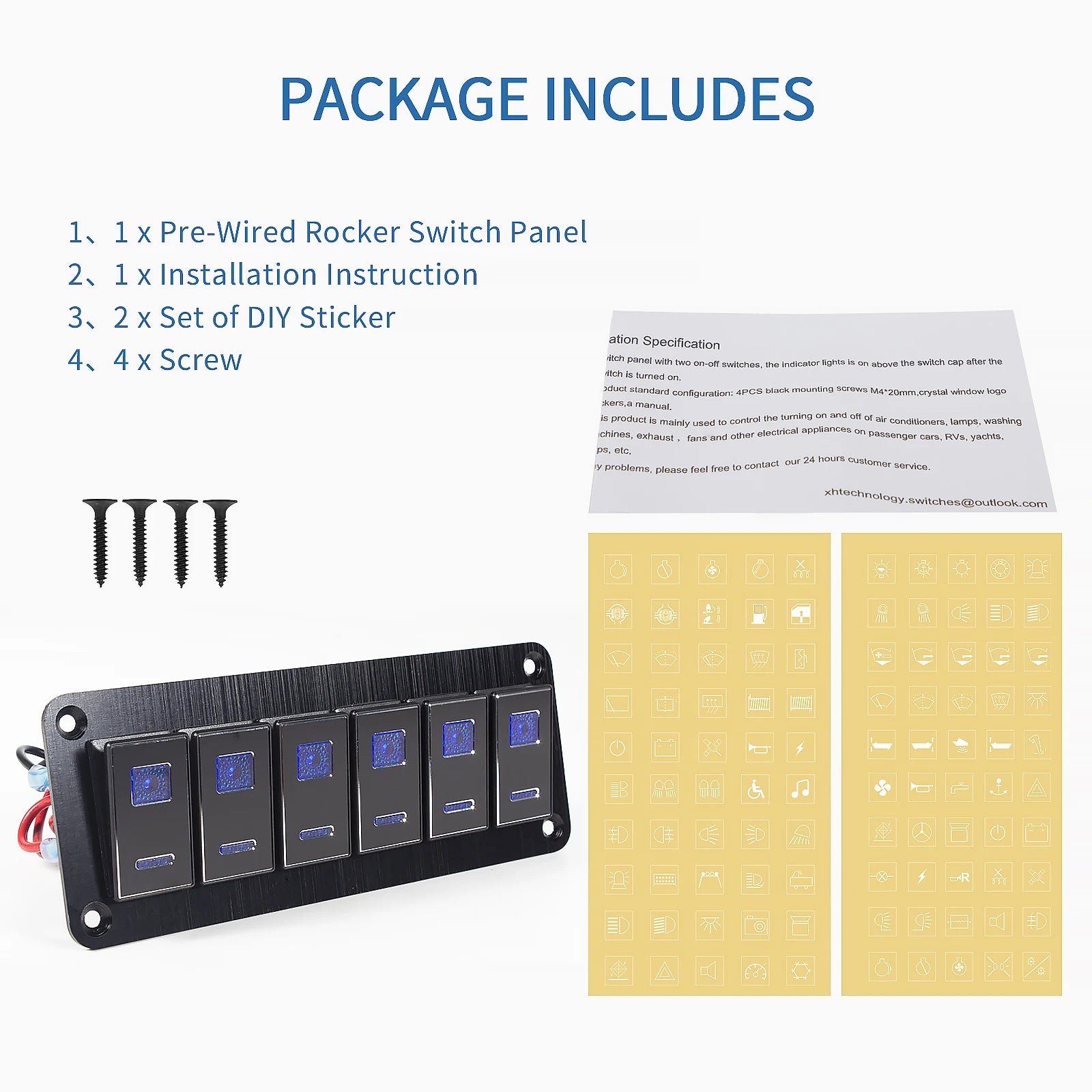 Durable metal 2-8Gang rocker switch panel with LED light, waterproof and overload protection for car card, vehicle and vessel