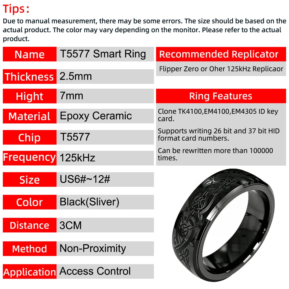 T5577 RFID 125kHz Chip Dragon Pattern Ceramic Ring Rewritable Clone EM4100 Cabinet Lock Key Cards