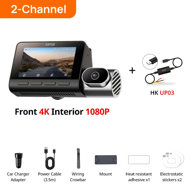 70mai T800 3-Channel HDR Car DVR Front 4K+Rear 4K/1080P+Interior 1080P Voice Control Super Capacitor GPS ADAS Support 4G Wifi 6