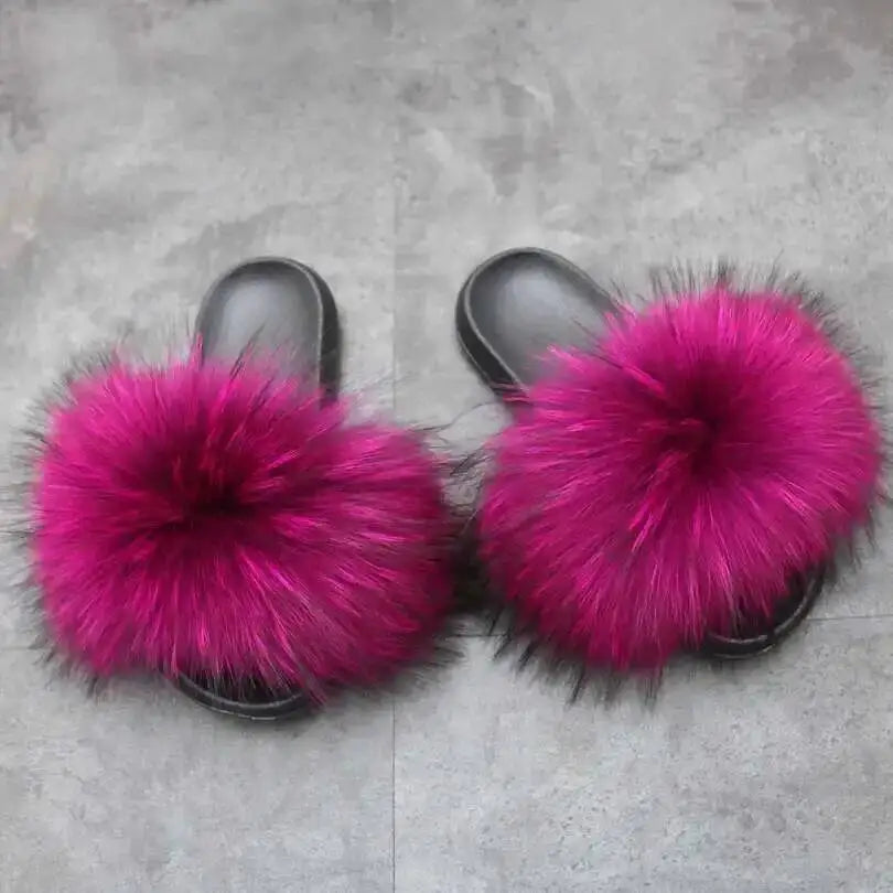Real Raccoon Fur Slippers For Women 2023 Summer Fluffy Indoor House Fuzzy Flat Slides Outdoor Fashion Beach Sandals Flip Flops