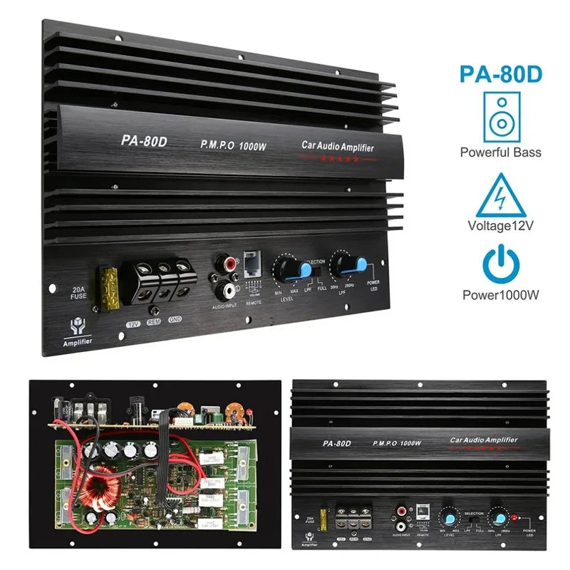 PA-80D Universal Car Amplifier Board 12V 1000W Mono Car Audio Power Amplifier Powerful Bass Subwoofers Amplifier For Car Modi
