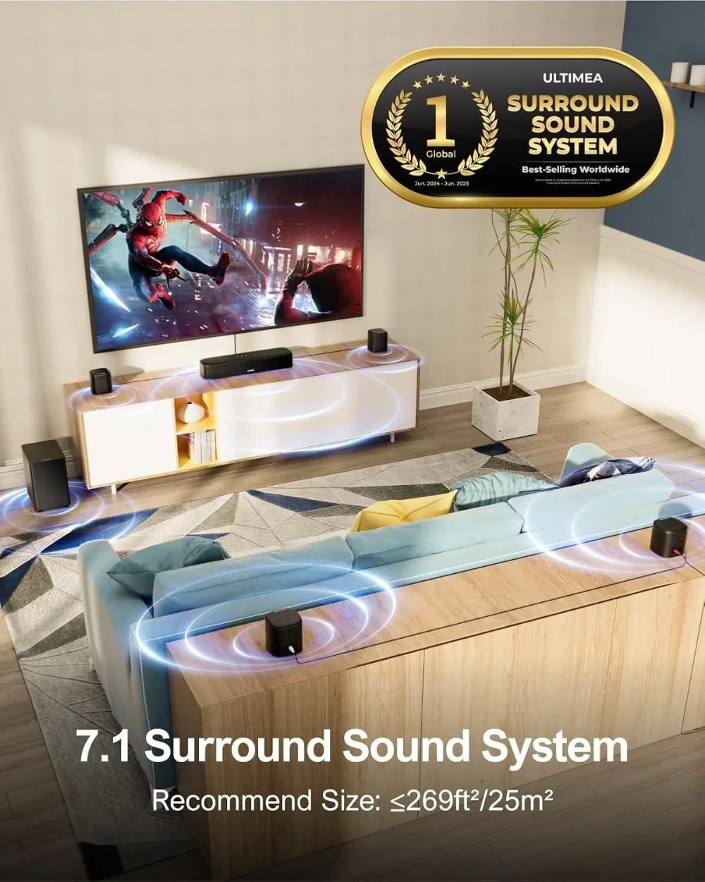 Barre de son ambiophonique virtuelle 7.1 canaux avec 4 haut-parleurs ambiophoniques, puissance de crête de 330 W, contrôle par application, Opt/AUX/BT, Aura A40