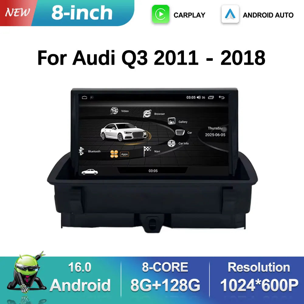 DSP Audio Stéréo GPS Navi 8 pouces Système Android 15 pour Audi Q3 2011 2012 - 2018 Carplay Autoradio Lecteur Multimédia Écran HD BT