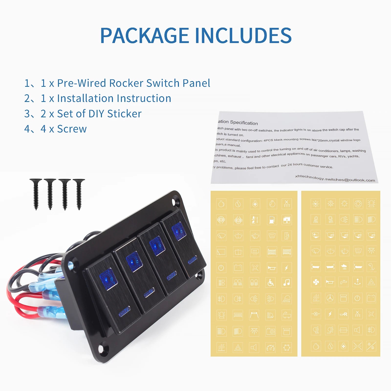 Durable metal 2-8Gang rocker switch panel with LED light, waterproof and overload protection for car card, vehicle and vessel