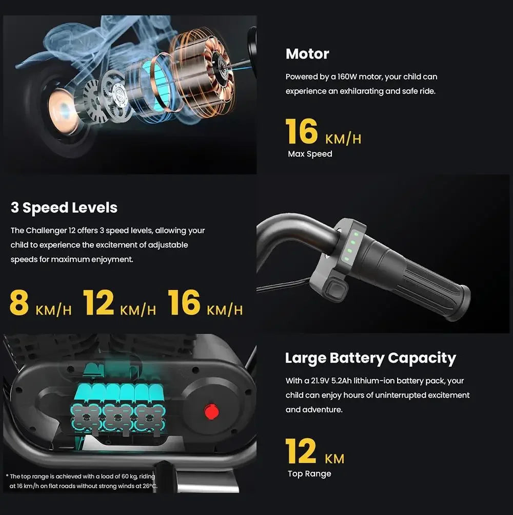HYPER GOGO Challenger 12 Kids Electric Motorbike 160W 24V 5.2AH 12*3 In Tire Children Electric Motorcycle Mini Electric Scooter