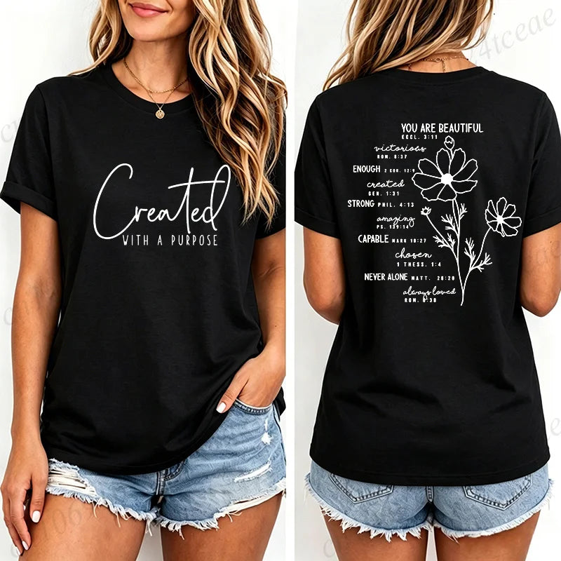 Fashion Women T Shirts Created with A Purpose Print Short Sleeve T-Shirt Faith Aesthetic Tee T-Shirts Inspirational Shirts Tops