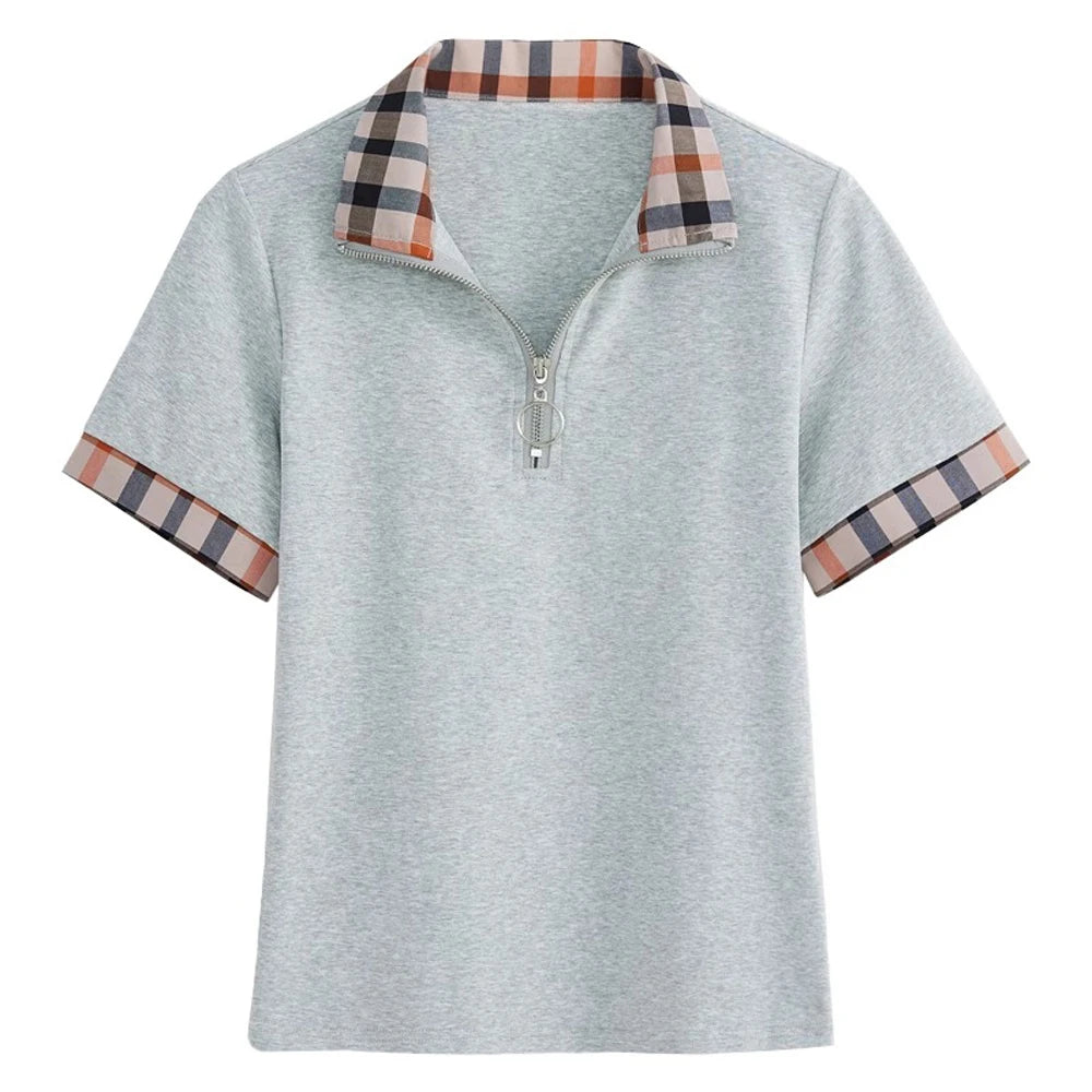 T-shirt à carreaux et col polo à manches courtes style européen pour femme, nouvelle mode estivale, haut ample en coton pur, léger et luxueux