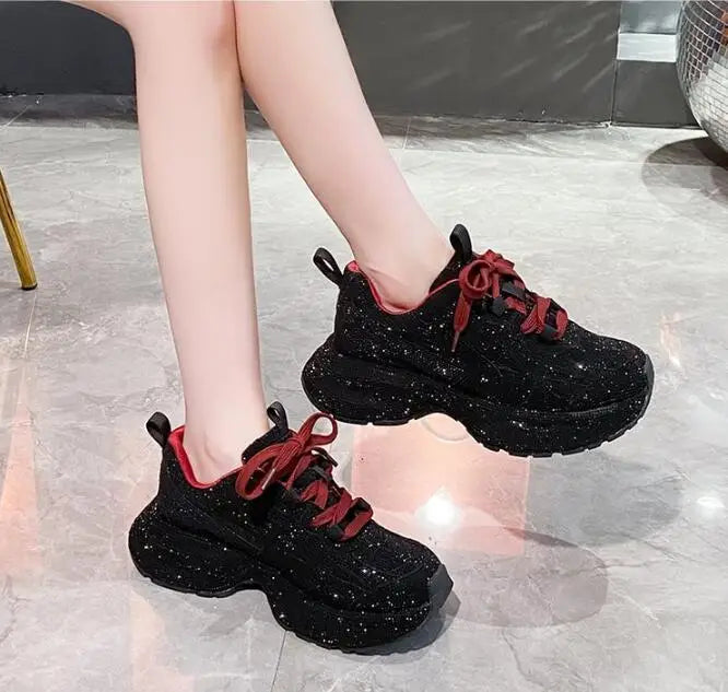 Luxury Women Bling Running Shoes Chunky Sneakers Fashion Casual Genuine Leather Breathable Height Increased Flat Platform Shoe
