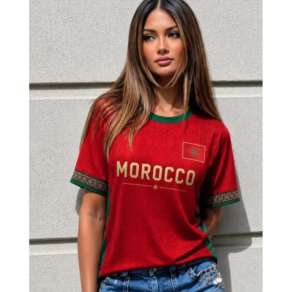 Women Men's Morocco Flag Soccer Fan T-Shirt Crewneck Short Sleeve Breathable Quick Dry Streetwear Casual Football Shirt Tops