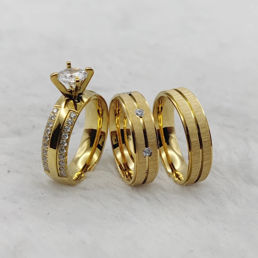 3pcs Matte Titanium Jewelry Italian Women 24k Gold Plated Ring Cz Diamond Ring Marriage Wedding Proposals Bridal Sets Couples