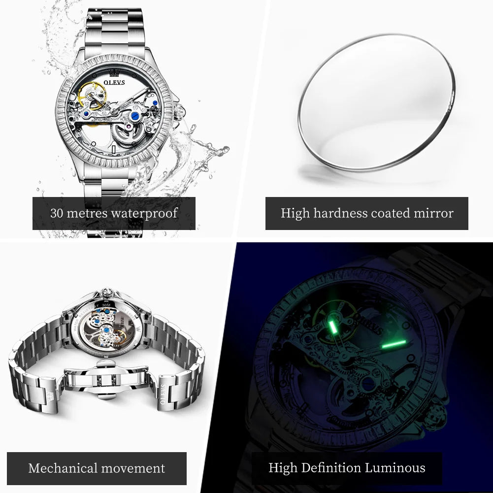 OLEVS Fully Hollowed Watches for Women Automatic Mechanical Women's Watches Luxury Stainless Steel Diamond Inlay Wristwatch 6699