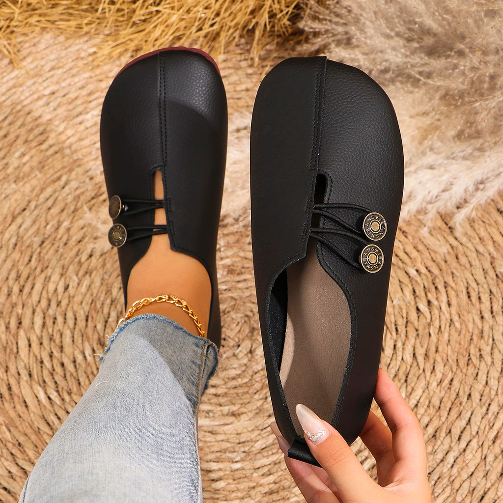 Women's Slip-On Soft Leather Loafers, Elastic Strap with Metal Buttons, Casual Flat Shoes for All Seasons