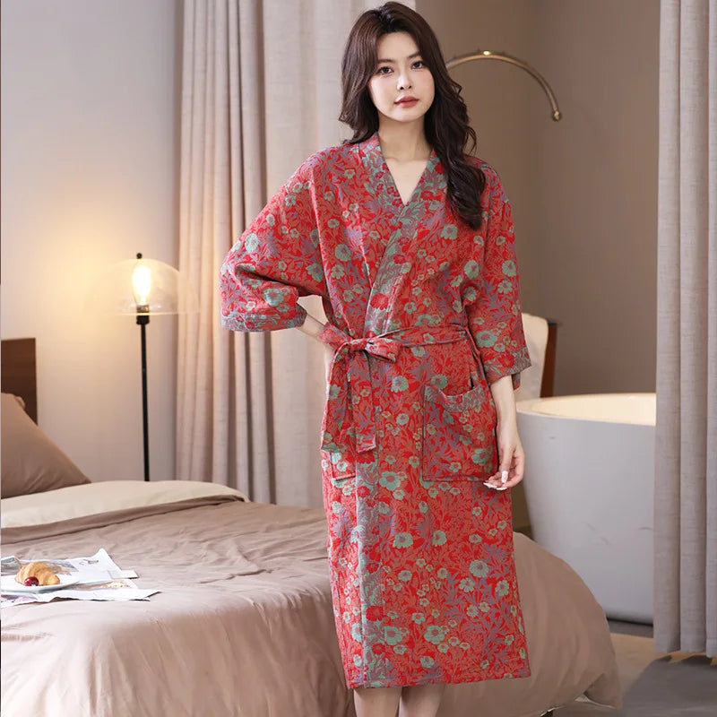 Spring and Summer Thin Cotton Double-layer Bathrobe Pajamas Home Wear Ladies's Absorbent Quick Drying Yukata Robes