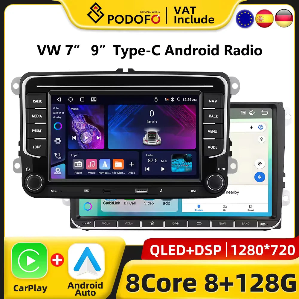 Podofo 7 "9" CarPlay Android Car Radio For Volkswagen VW Golf Passat JETTA Skoda SEAT Car Intelligent System 2din GPS Car Radio