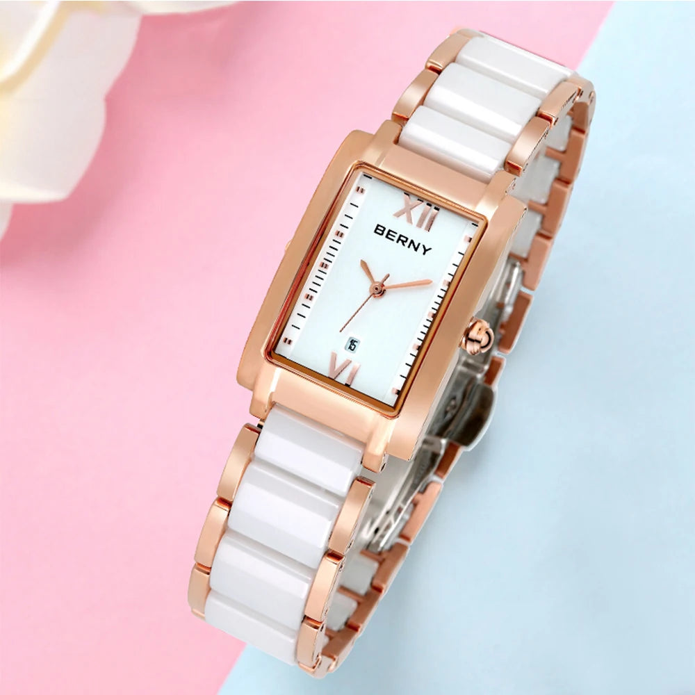 BERNY Women's Watches Calendar Date Elegant Classic Rectangle Ceramics Quartz Ladies Watch Luxury Fashion Women Wristwatch