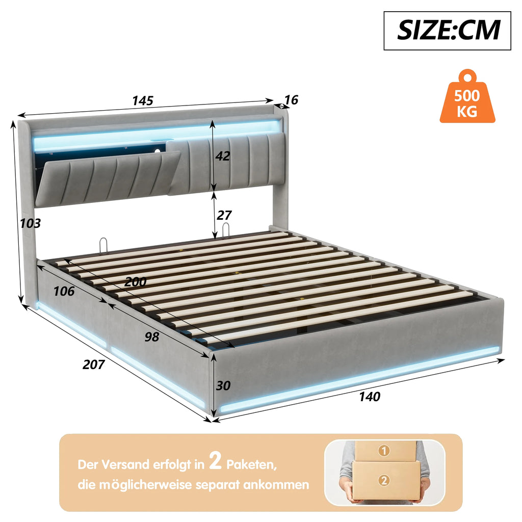 Anajqaqia 140×200 cm LED Upholstered Bed, Hydraulic Double Bed with Storage Headboard and Slatted Frame, USB charging, Velvet
