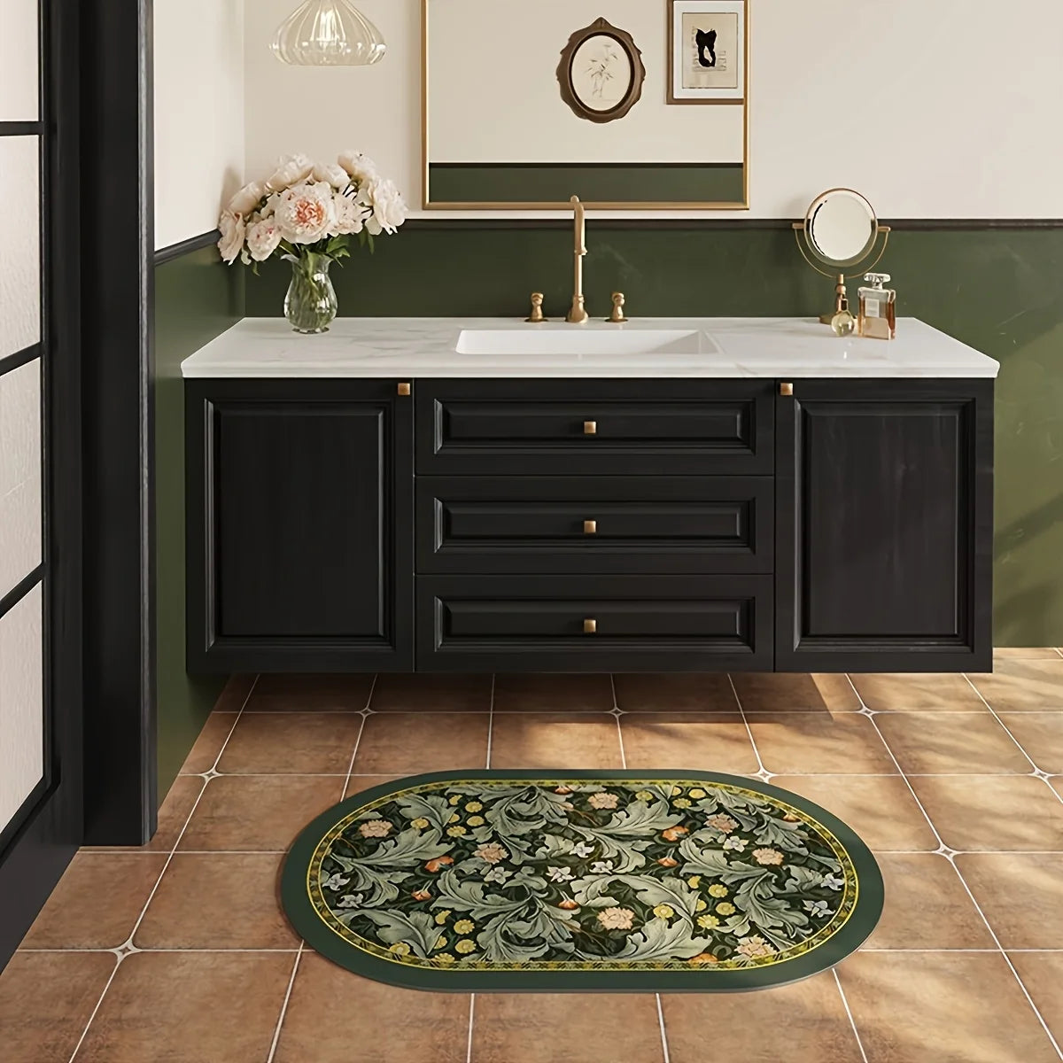 VIKAMA French Retro Printed Bathroom Diatom Mud Carpet Quick Suction Anti Slip Washable Bath Front Handwashing Platform Mat
