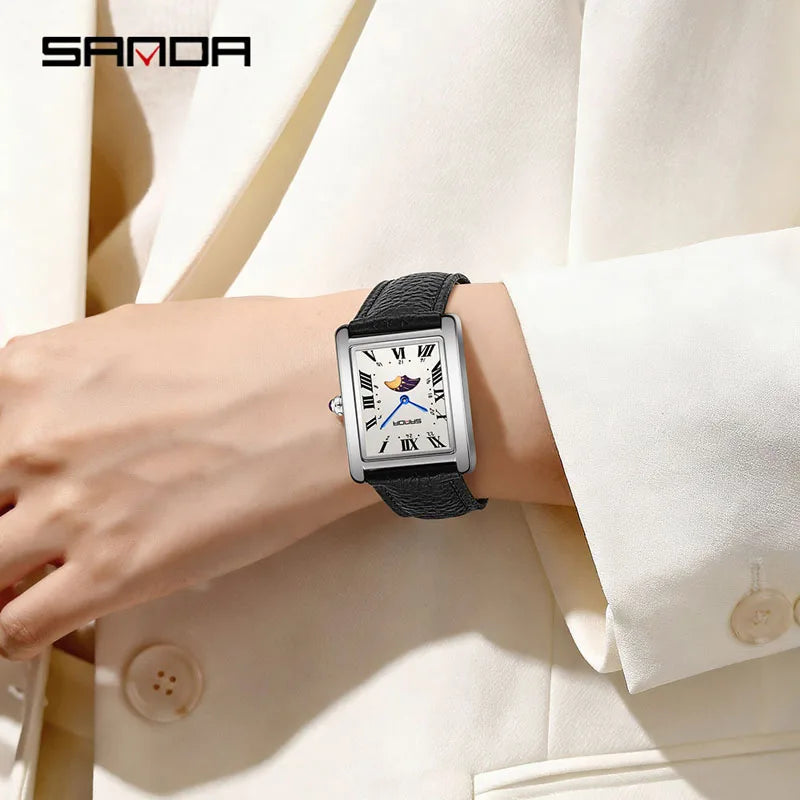 SANDA 9122 Elegant Women's Quartz Watch Classic Square Dial Moon Phase Waterproof Leather Strap Retro Business Watches for Woman