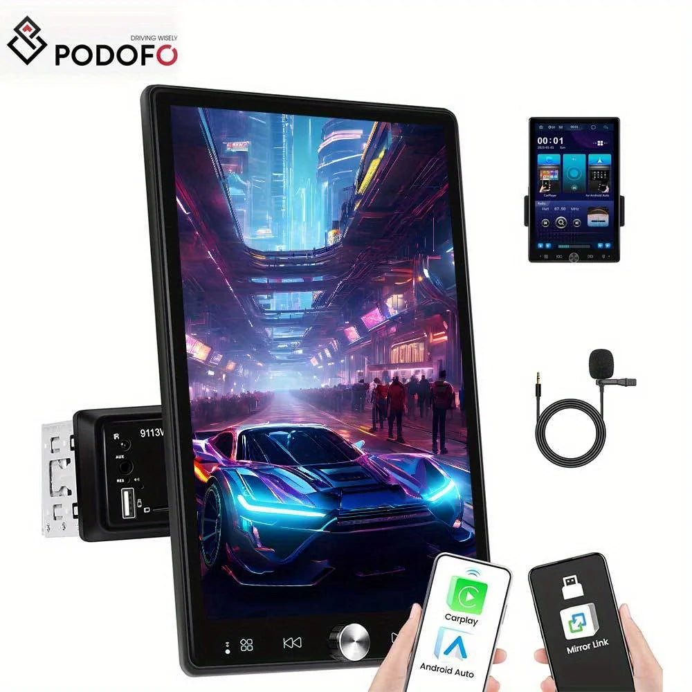 PODOFO Single Din with Wireless Carplay Android Auto, 10.4 Inch Vertical Touch Screen Car Stereo with Mirror Link, FM/ RDS Radio, Audio Receivers with Steering Wheel Control EQ AUX/ USB+Mic, Incar Entertainment, Driving Multi