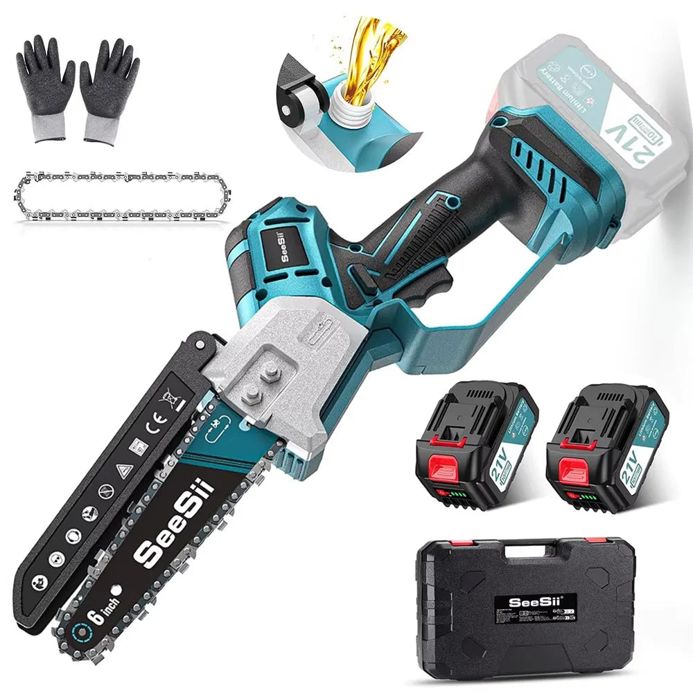 Mini Tronçonneuse Sans Fil Brushless Seesii 6'' Tronçonneuse Électrique Bois Jardin Élagage Tronçonneuse Électroportative avec Batterie Rechargeable pour Broches de Batterie Makita 18V