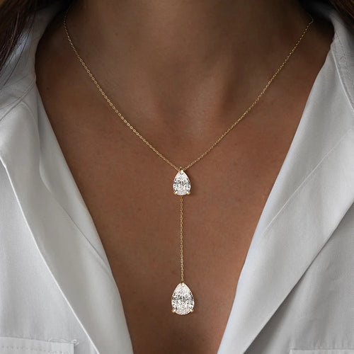 2-Stone Waterdrop Moissanite Pendant Necklace for Women 925 Silver 1.5cttw Y-Style Long Tassel Pear Cut Lab Diamond Neckchain