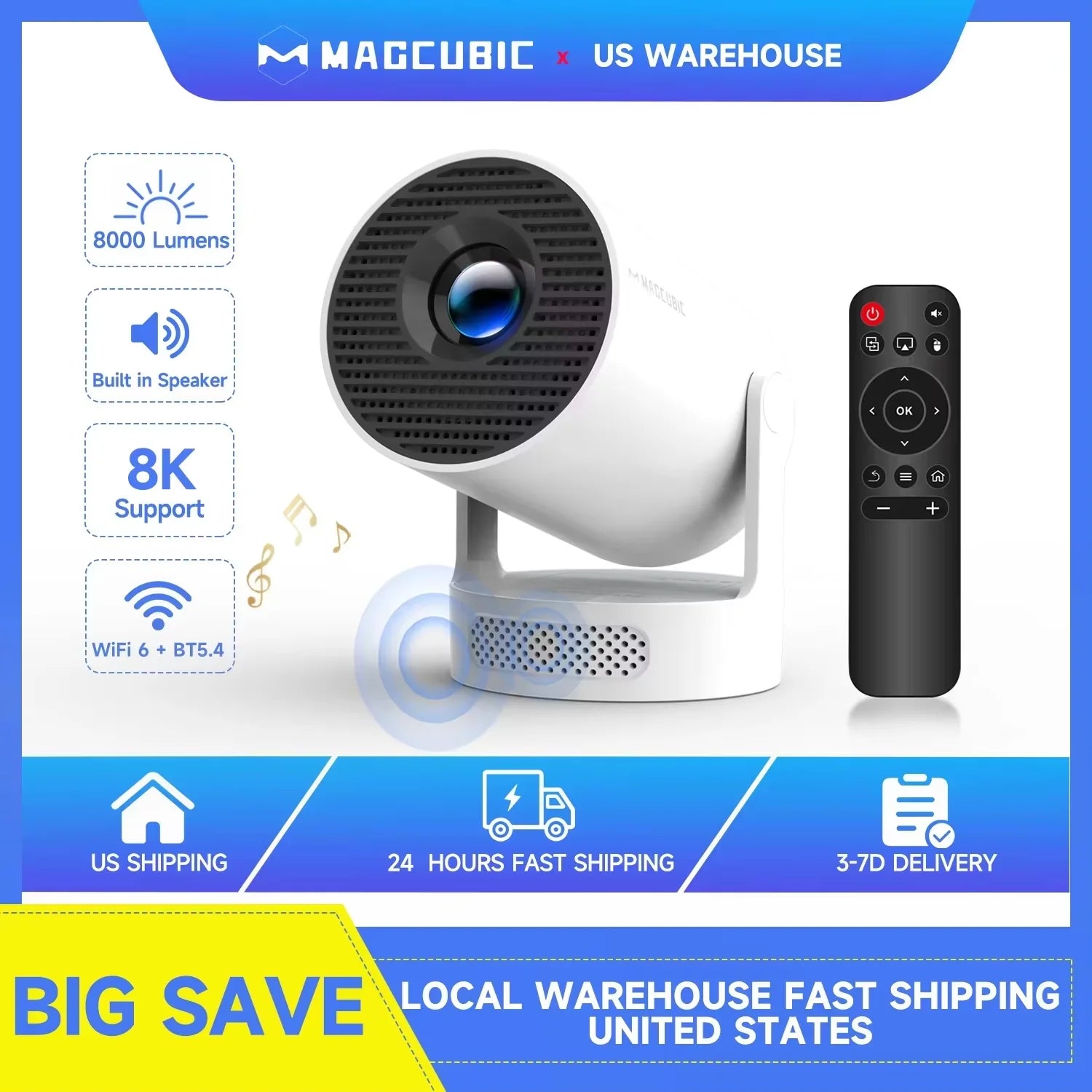 Magcubic HY300 Pro + Projecteur 8K 720P avec haut-parleur 5W Android 14 8000 Lumens WiFi 6 BT5.4 Projecteur de cinéma maison/extérieur