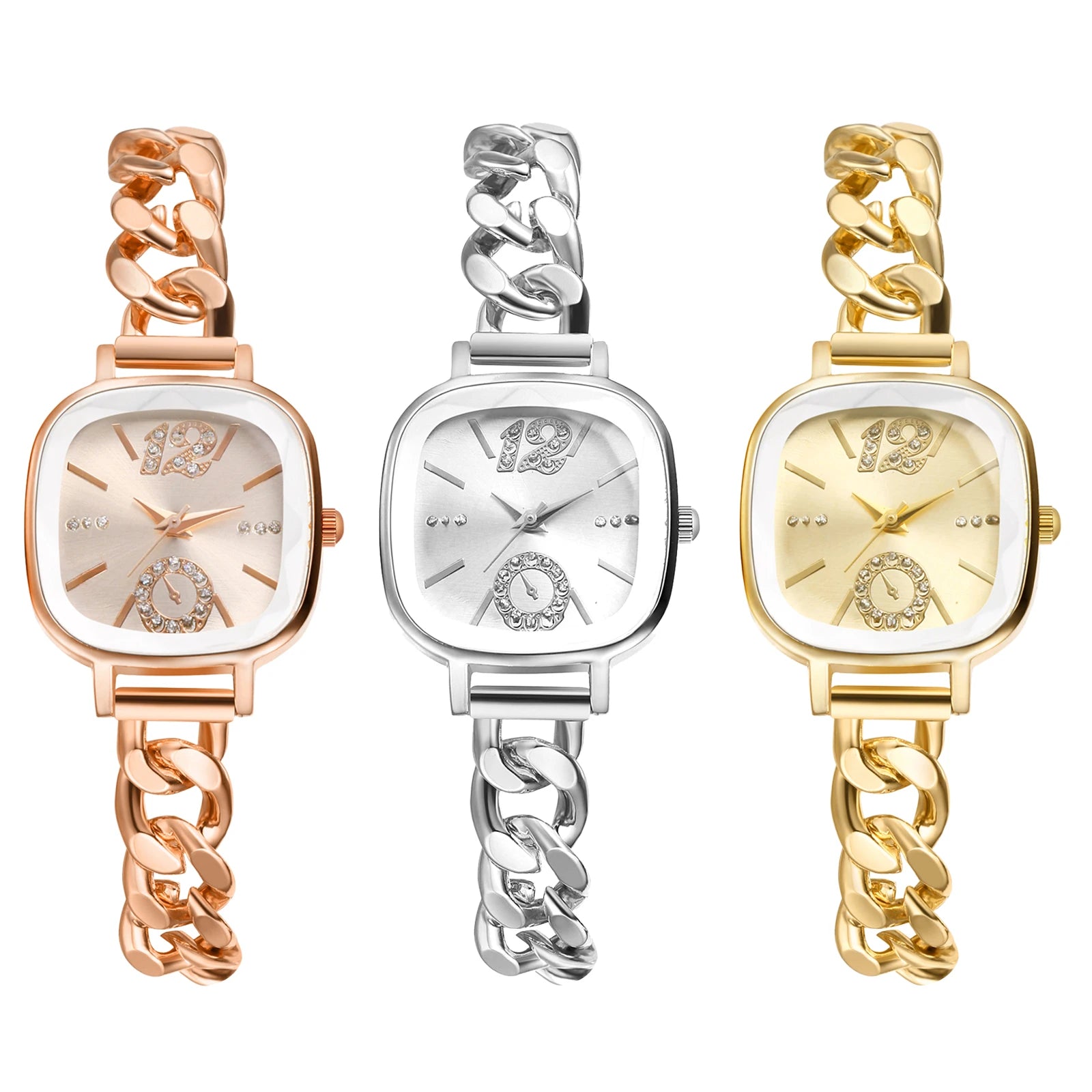JEWELRYWE Women's Square Cuban Bracelet Watch Diamond Waterproof Strip Scale Adjustable Bracelet Exquisite Fashion Women's Watch