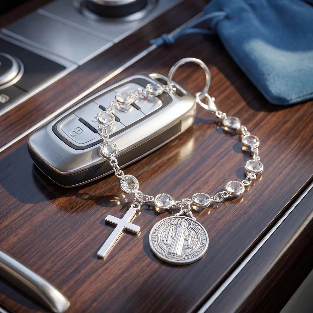 Catholic Protection Rosary Car Accessory St. Benedict Medal & Cross Pendant For Auto Interior Decor Religious Protection Pendant