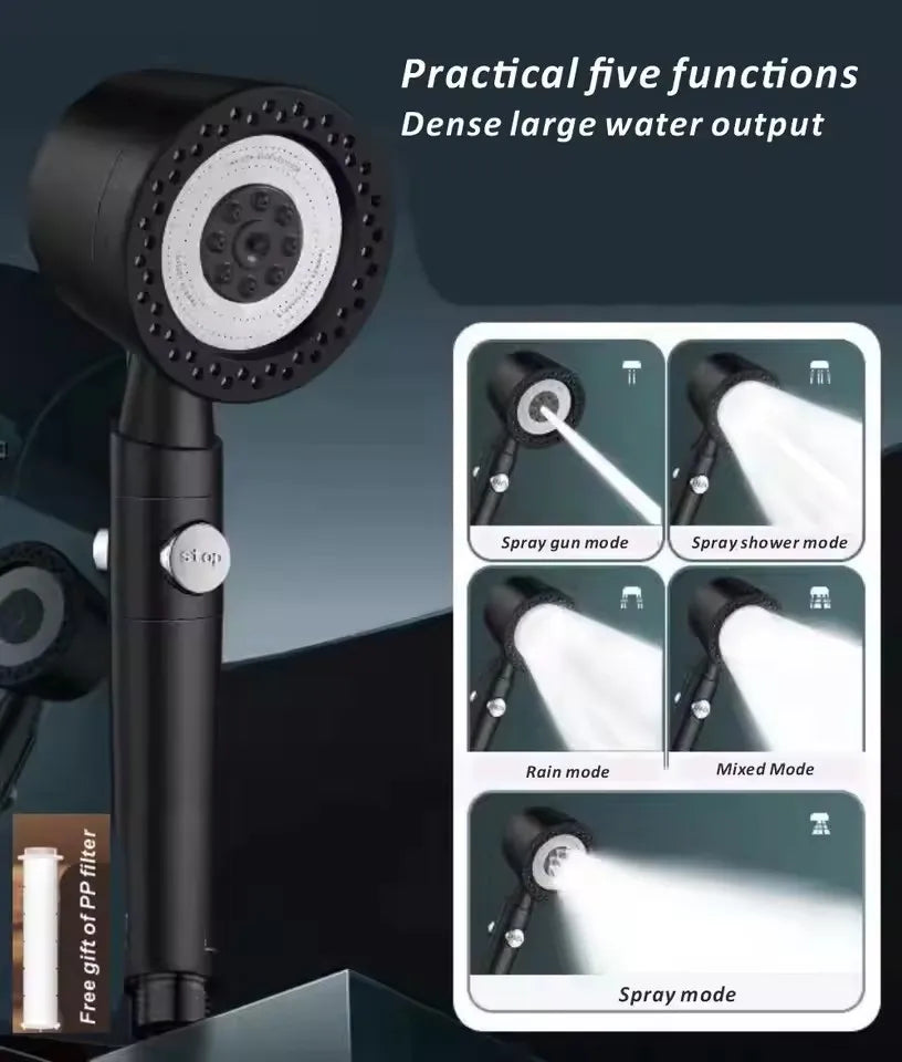 Nouvelle pomme de douche pressurisée 5 modes avec filtre, bouton d'arrêt, buses de pulvérisation économes en eau, grande pression, accessoires de salle de bain