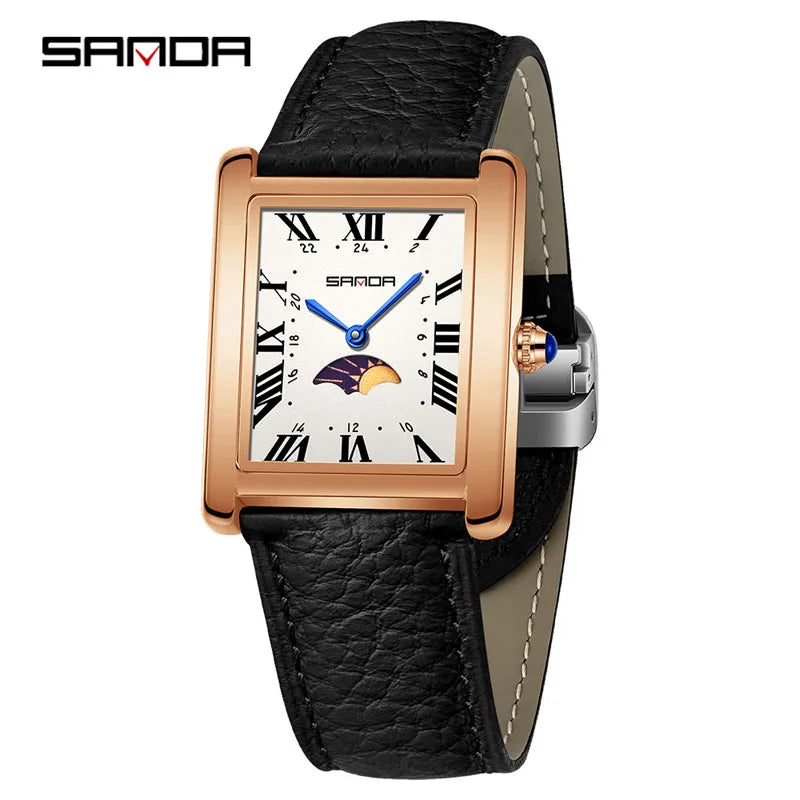 SANDA 9122 Elegant Women's Quartz Watch Classic Square Dial Moon Phase Waterproof Leather Strap Retro Business Watches for Woman