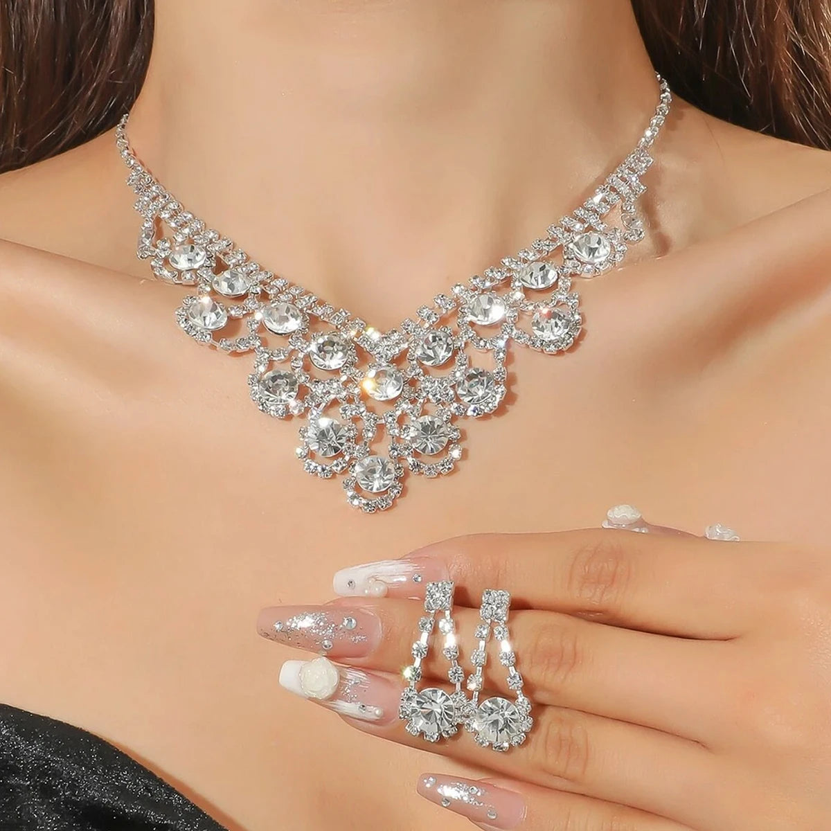 3pcs Women's Jewelry Set Rhinestone Earrings Necklace New Wedding Party Luxury Fashion Accessories-4068