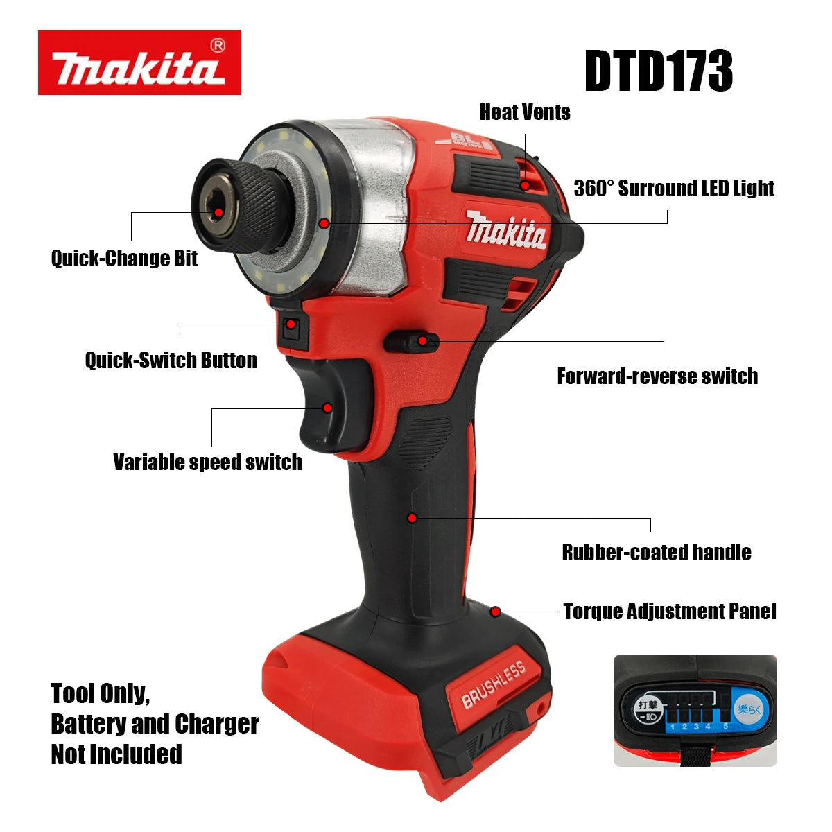 Makita DTD173 180Nm 18V Brushless Impact Driver with Ring Light Max Torque Cordless Power Tool for Screw Bolt Wood Home DIY