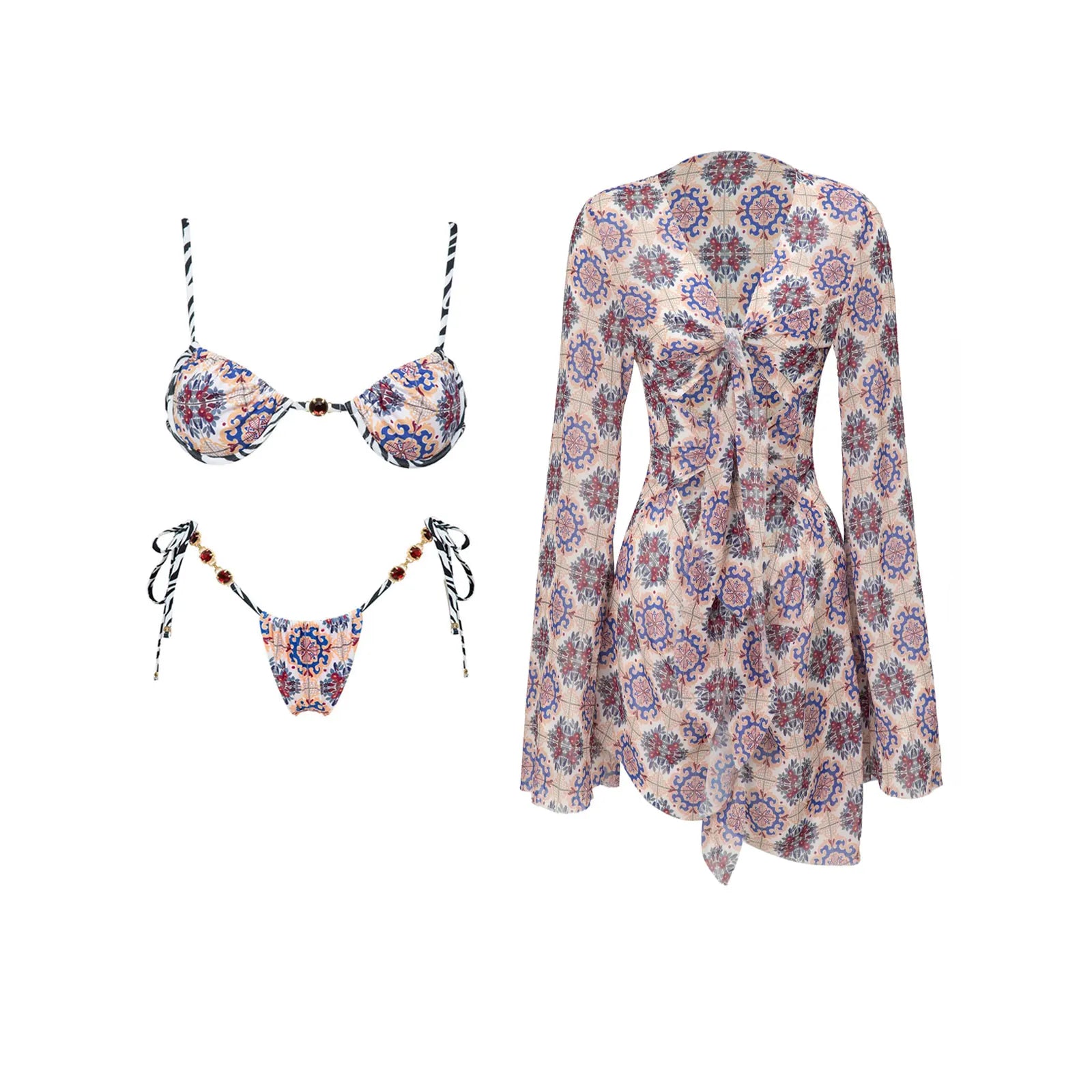 Maillot de bain 3 pièces push-up 2026 à imprimés rétro avec pantalon en maille, maillot de bain sexy pour femme, paréo de plage à bretelles