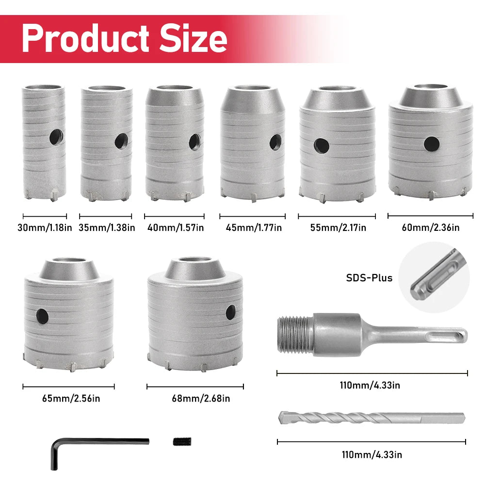 30-100mm Concrete Wall Hole Saw, SDS Plus Shank Impact Drill Bit, Suitable for Drilling Concrete, Brick, Stone and Walls