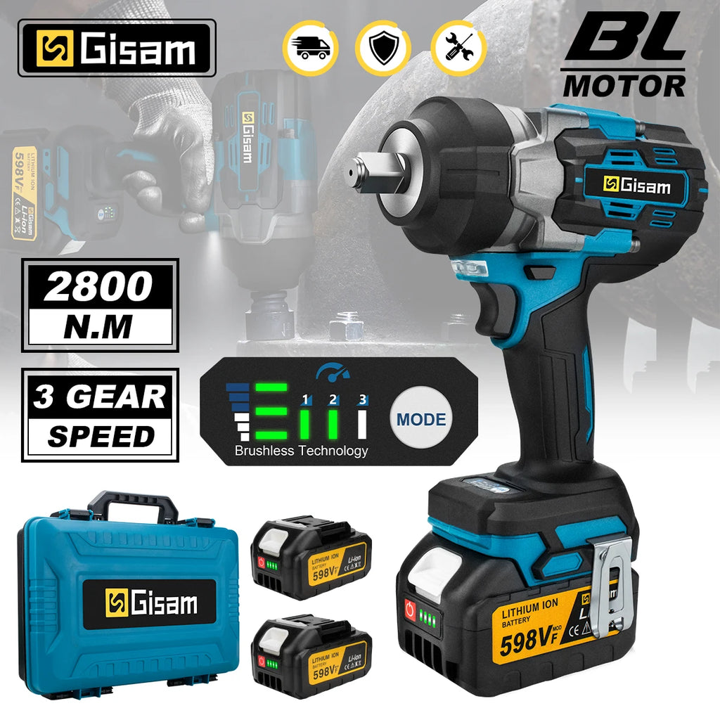 Clé à chocs électrique sans balais Gisam 2800 N.M 1/2 pouce, tournevis électrique, perceuse compatible avec la batterie Makita 18V Pin