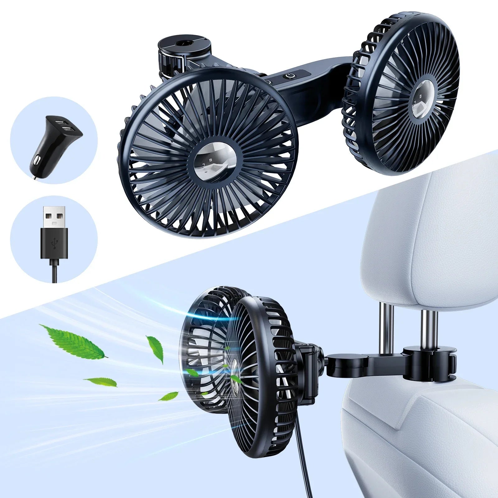 Eary Car Dual Head Fan Mount for Back Seat Headrest Air Cooler Fan With 2 Hooks Long Arm Adjustable 3 Speeds For Truck SUV Sedan
