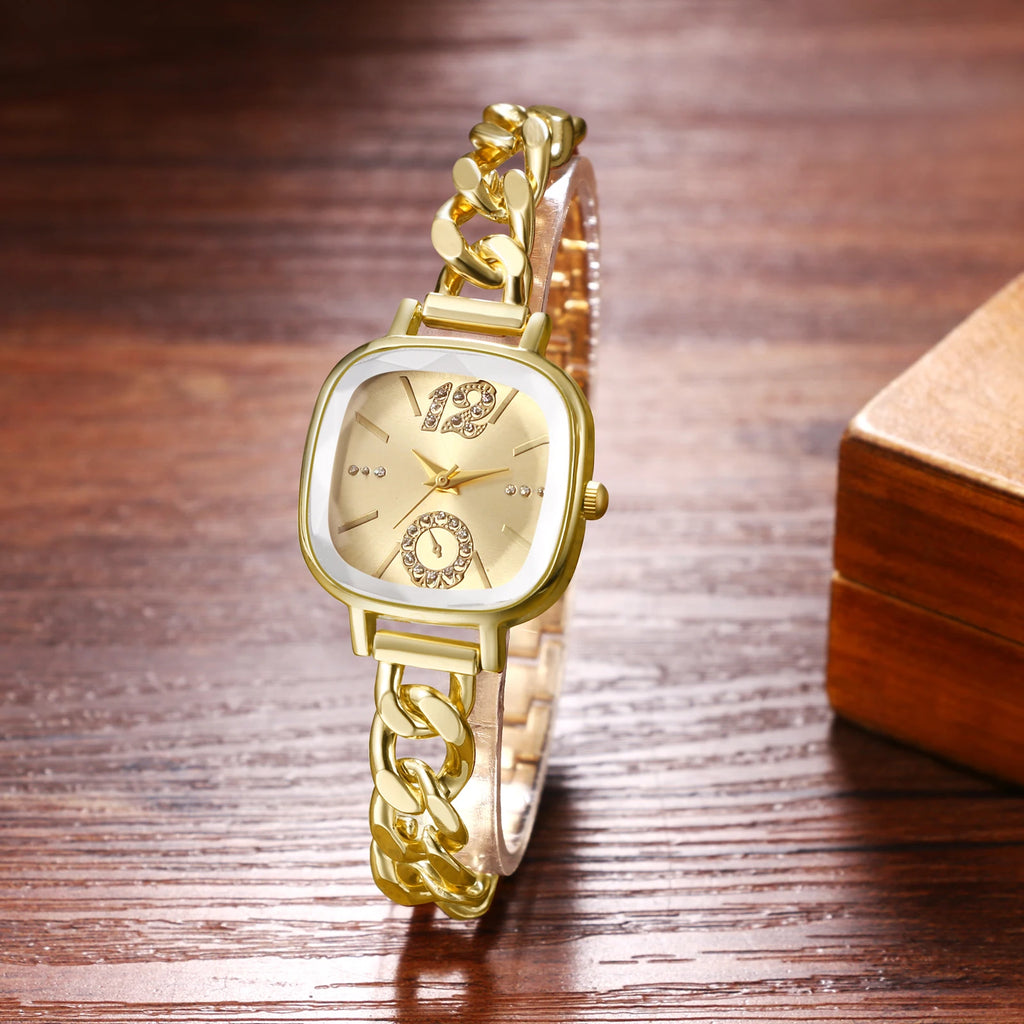 JEWELRYWE Women's Square Cuban Bracelet Watch Diamond Waterproof Strip Scale Adjustable Bracelet Exquisite Fashion Women's Watch